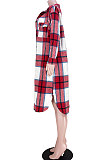 Blue Black Women Casual Plaid Long Sleeve Cardigan Single-Breasted Long Shirts Coat GL6525-3