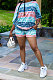 Blue Ladies Summer Bat Sleeves Backless Printed Casual Shorts Sets SMD2073