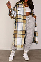 Khaki Women Casual Plaid Long Sleeve Cardigan Single-Breasted Long Shirts Coat GL6525-2