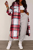 Red Women Casual Plaid Long Sleeve Cardigan Single-Breasted Long Shirts Coat GL6525-1