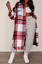 Red Women Casual Plaid Long Sleeve Cardigan Single-Breasted Long Shirts Coat GL6525-1
