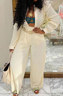 White Euramerican Women Casual Fashion Pleated Solid Color Pants Sets BE8053-4