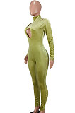Black Women's Pure Color High Collar Korea Velvet Hollow Out Zipper Bodycon Jumpsuits ED1092-1