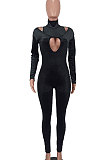 Light Army Green Women's Pure Color High Collar Korea Velvet Hollow Out Zipper Bodycon Jumpsuits ED1092-3