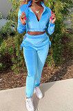 Blue Women Long Sleeve Zipper Hoodie Fashion Velvet Pants Sets FFE189-3