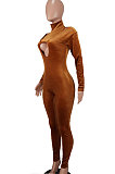 Black Women's Pure Color High Collar Korea Velvet Hollow Out Zipper Bodycon Jumpsuits ED1092-1