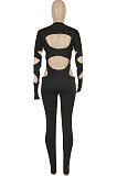 Black Women Sexy Hole Pure Color Bodycon Jumpsuits FFE191