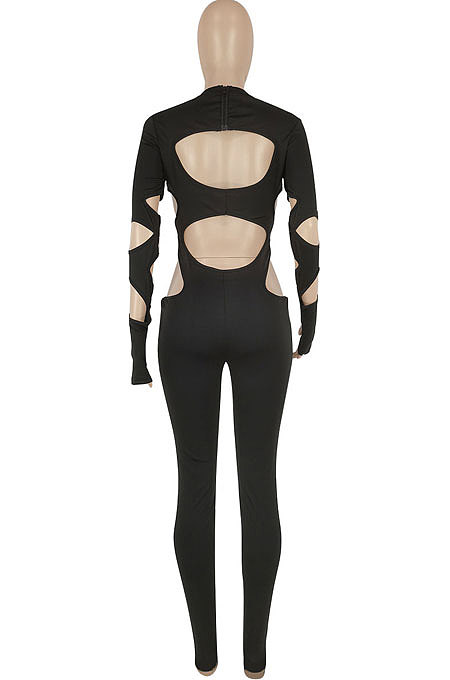 Black Women Sexy Hole Pure Color Bodycon Jumpsuits FFE191