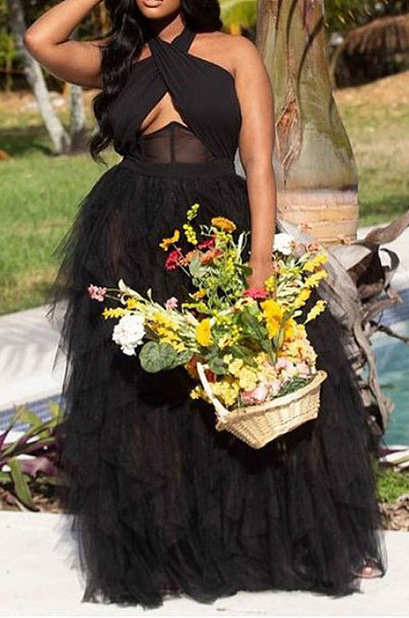 Black Women Sexy Party Mesh Spaghetti Backless Cross Long Dress QLKG223-2