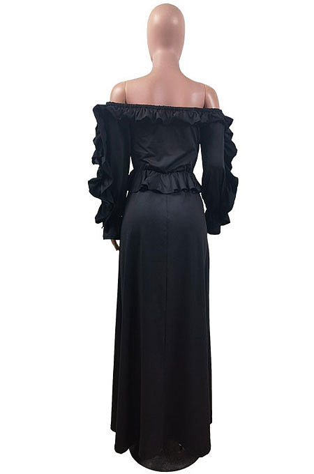White Women Solid Color Sexy A Word Shoulder Flounce Split Long Dress HDY2036-2