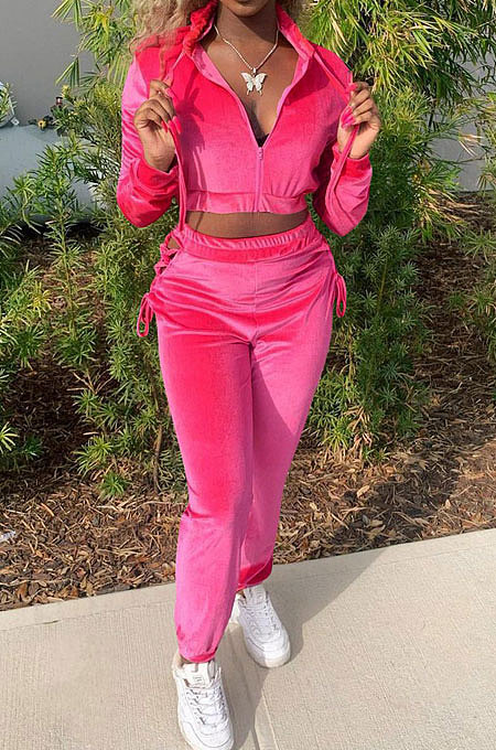Rose Red Women Long Sleeve Zipper Hoodie Fashion Velvet Pants Sets FFE189-2