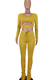 Brown Women Long Sleeve Sexy Low Collar Dew Waist Shirred Detail Hollow Out Pants Sets ED1094 -4