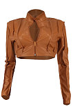 Light Brown Sexy Dew Waist Zipper Pure Color Leather Coat ED1096