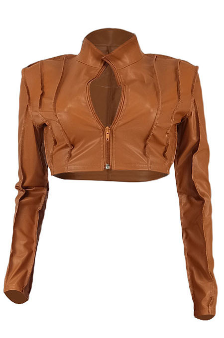 Light Brown Sexy Dew Waist Zipper Pure Color Leather Coat ED1096