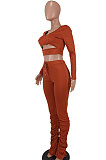 Brown Women Long Sleeve Sexy Low Collar Dew Waist Shirred Detail Hollow Out Pants Sets ED1094 -4
