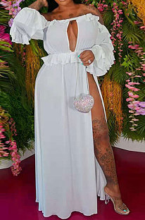 White Women Solid Color Sexy A Word Shoulder Flounce Split Long Dress HDY2036-2