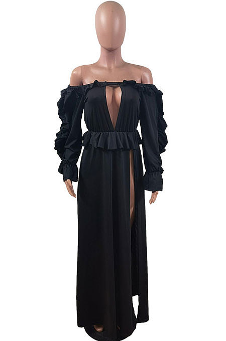 White Women Solid Color Sexy A Word Shoulder Flounce Split Long Dress HDY2036-2