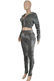 Rose Red Women Long Sleeve Zipper Hoodie Fashion Velvet Pants Sets FFE189-2