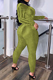 Light Army Green Women's Pure Color High Collar Korea Velvet Hollow Out Zipper Bodycon Jumpsuits ED1092-3