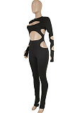 Black Women Sexy Hole Pure Color Bodycon Jumpsuits FFE191