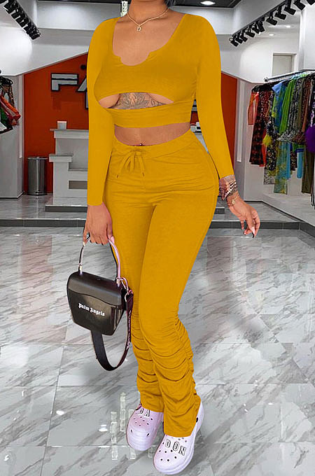 Ginger Women Long Sleeve Sexy Low Collar Dew Waist Shirred Detail Hollow Out Pants Sets ED1094 -3