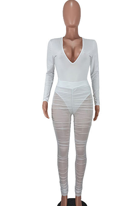 White Wome's Trendy Sexy Mesh Spaghetti Milkl Silk V Collar Pants Sets ED1093-1