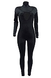 Black Women's Pure Color High Collar Korea Velvet Hollow Out Zipper Bodycon Jumpsuits ED1092-1