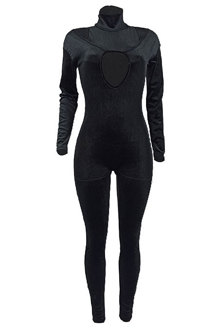 Black Women's Pure Color High Collar Korea Velvet Hollow Out Zipper Bodycon Jumpsuits ED1092-1