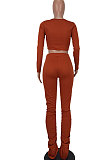 Brown Women Long Sleeve Sexy Low Collar Dew Waist Shirred Detail Hollow Out Pants Sets ED1094 -4