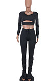 Brown Women Long Sleeve Sexy Low Collar Dew Waist Shirred Detail Hollow Out Pants Sets ED1094 -4