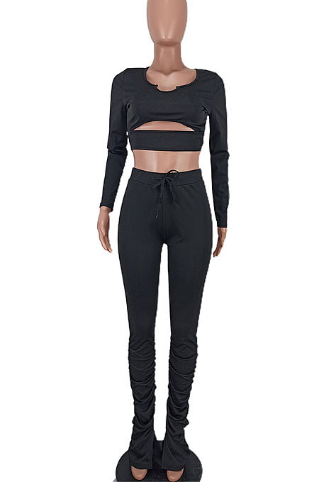 Black Women Long Sleeve Sexy Low Collar Dew Waist Shirred Detail Hollow Out Pants Sets ED1094 -1