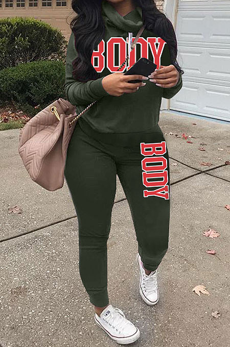 Army Green Casual Sporty Simplee Letter Long Sleeve High Neck Long Pants Sets LD9025-3