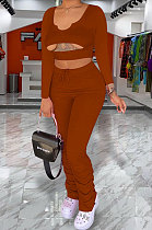 Brown Women Long Sleeve Sexy Low Collar Dew Waist Shirred Detail Hollow Out Pants Sets ED1094 -4