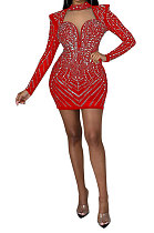 Red Fashion Sexy Perspectivity Mesh Spaghetti Hip Bling Bling Skinny Mid Waist Mini Dress CCY9355-2