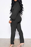 Black Women Long Sleeve Pure Color Fashion High Collar Pants Sets AYQ08023-2