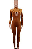 Light Army Green Women's Pure Color High Collar Korea Velvet Hollow Out Zipper Bodycon Jumpsuits ED1092-3