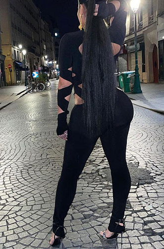 Black Women Sexy Hole Pure Color Bodycon Jumpsuits FFE191
