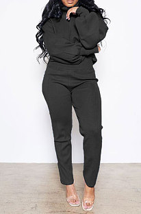 Black Women Long Sleeve Pure Color Fashion High Collar Pants Sets AYQ08023-2