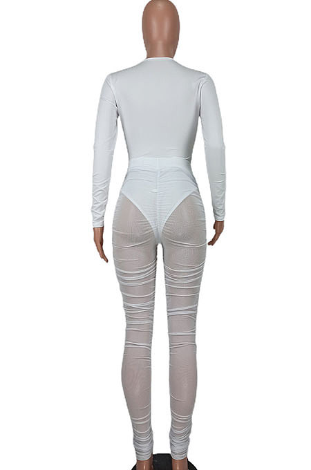 White Wome's Trendy Sexy Mesh Spaghetti Milkl Silk V Collar Pants Sets ED1093-1
