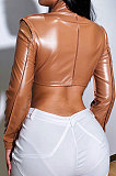 Light Brown Sexy Dew Waist Zipper Pure Color Leather Coat ED1096