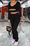 Brown Women Long Sleeve Sexy Low Collar Dew Waist Shirred Detail Hollow Out Pants Sets ED1094 -4