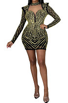 Gold Fashion Sexy Perspectivity Mesh Spaghetti Hip Bling Bling Skinny Mid Waist Mini Dress CCY9355-3