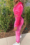 Rose Red Women Long Sleeve Zipper Hoodie Fashion Velvet Pants Sets FFE189-2