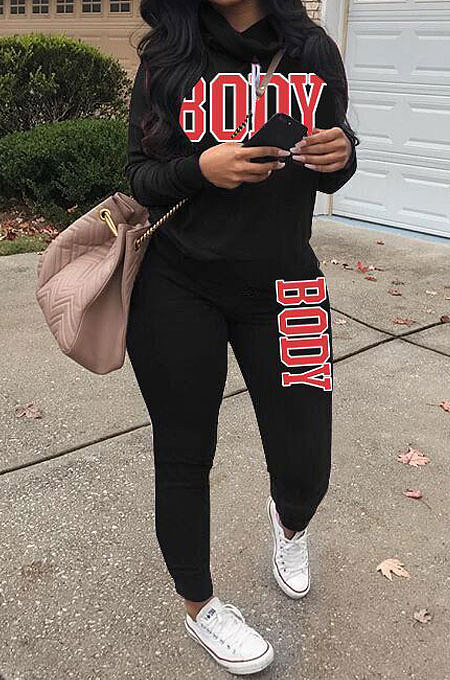 Black Casual Sporty Simplee Letter Long Sleeve High Neck Long Pants Sets LD9025-2