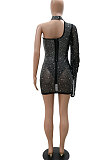 Golden Fashion Sexy Perspectivity Oblique Shoulder Hot Drilling Mid Waist Bodycon Mini Dress CCY9397-4