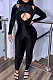 Black Women's Pure Color High Collar Korea Velvet Hollow Out Zipper Bodycon Jumpsuits ED1092-1