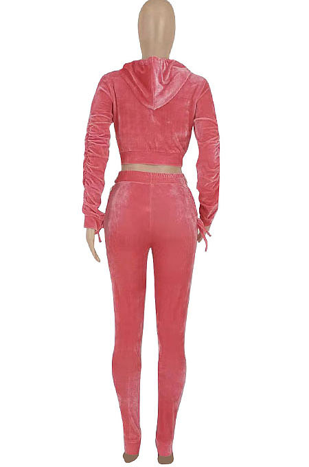 Rose Red Women Long Sleeve Zipper Hoodie Fashion Velvet Pants Sets FFE189-2