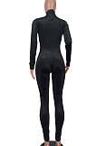 Black Women's Pure Color High Collar Korea Velvet Hollow Out Zipper Bodycon Jumpsuits ED1092-1