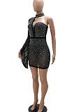 Red Fashion Sexy Perspectivity Oblique Shoulder Hot Drilling Mid Waist Bodycon Mini Dress CCY9397-3