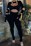 Black Women Sexy Hole Pure Color Bodycon Jumpsuits FFE191